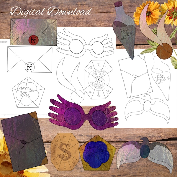 Lot de motifs HP Potter's Objects, motif en verre numérique Magic Wizard Witch, motif vitrail, motif verrerie, motif attrape-soleil