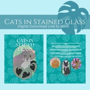 Puede incluir: Una portada de libro con un fondo azul verdoso y un t&iacute;tulo blanco que dice "Gatos en Vidrio Esmerilado". La portada presenta una ilustraci&oacute;n de vidrio esmerilado de un gato con un esquema de color azul verdoso, gris y blanco. El libro contiene 36 patrones de vidrio esmerilado centrados en los gatos.