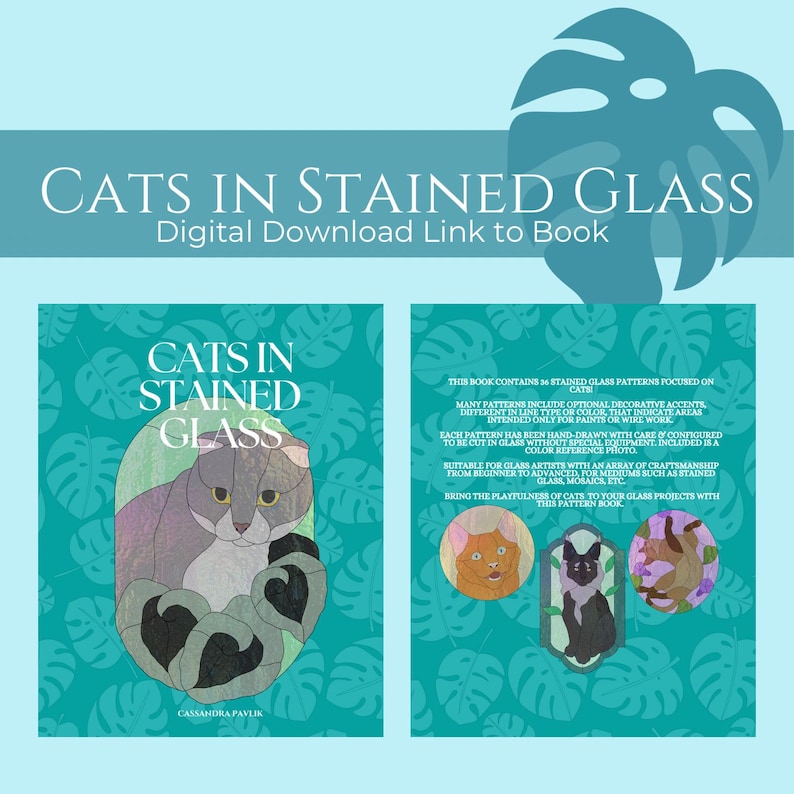 Puede incluir: Una portada de libro con un fondo azul verdoso y un t&iacute;tulo blanco que dice "Gatos en Vidrio Esmerilado". La portada presenta una ilustraci&oacute;n de vidrio esmerilado de un gato con un esquema de color azul verdoso, gris y blanco. El libro contiene 36 patrones de vidrio esmerilado centrados en los gatos.