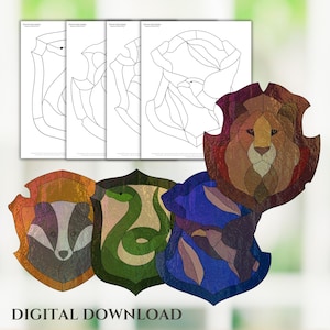 May include: A selection of stained glass designs showcasing four house crests with animal emblems: a lion, badger, snake, and raven. The designs are in shades of red, gold, green, and blue. The phrase "DIGITAL DOWNLOAD" is at the bottom.