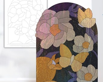Vintage Floral Glass Pattern, Persimmon & Butterfly Stained Glass Pattern Digital Stained Glass Pattern Printable Glass Pattern, Glasswork