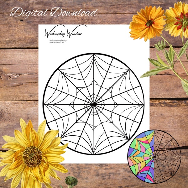 Wed Never-more Window Spider Web pattern, digital stained glass pattern, printable glass pattern, glasswork pattern