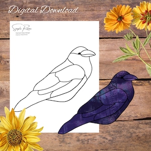 Simple raven, easy crow suncatcher Stained Glass Pattern, Digital Stained Glass  Pattern, Printable Glass Pattern,  Glasswork pattern.