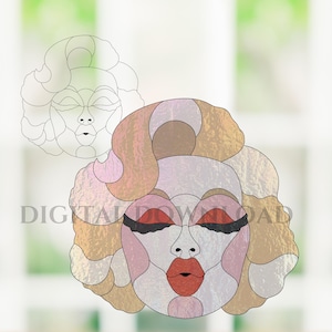 May include: A stained glass design of a face with closed eyes and red lips. The face is framed by blonde hair and features pink, beige, and brown tones. A line drawing of the face is also visible. The text "DIGITAL DOWNLOAD" is at the bottom.
