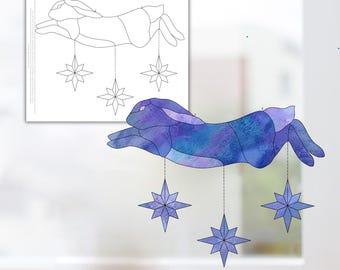Holiday Hare and Star, Yule Hare, Folk Bunny Rabbit Stained Glass Pattern, Digital Stained Glass Pattern, Printable Glass Pattern, Glasswork