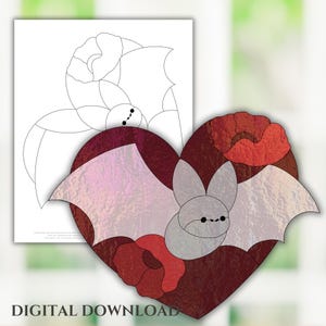 Heart Bat Peony Halloween Gothic Stained Glass Pattern, Digital Stained Glass Pattern, Printable Glass Pattern, Glasswork pattern