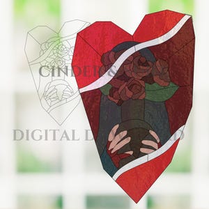 May include: A heart-shaped stained glass pattern featuring a central figure holding a dark circular object, surrounded by deep red roses and green leaves. A white ribbon curves across the design, with the text CINDER & DIGITAL DOWNLOAD visible.