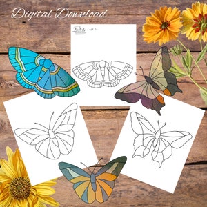 Butterfly-moth trio Suncatcher, plant stake pattern, Stained Glass Pattern, glasswork Pattern, Suncatcher Pattern