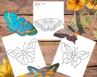 Butterfly-moth trio Suncatcher, plant stake pattern, Stained Glass Pattern, glasswork Pattern, Suncatcher Pattern