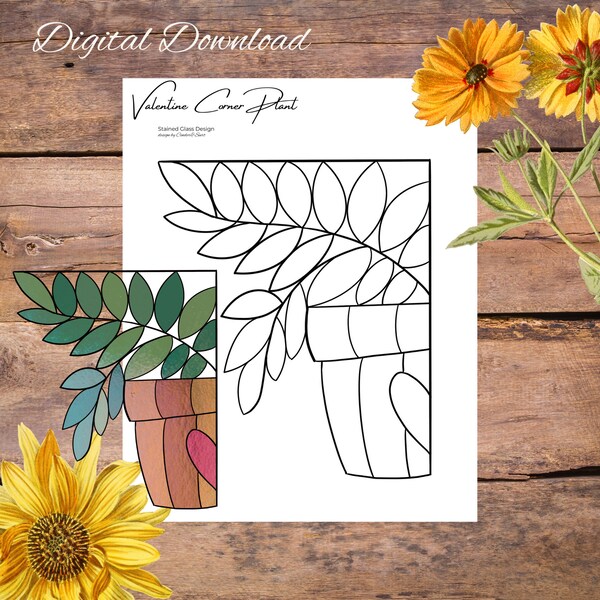 Valentine Corner Potted Plant Heart, stained glass pattern, digital stained glass pattern, printable glass pattern, glasswork pattern