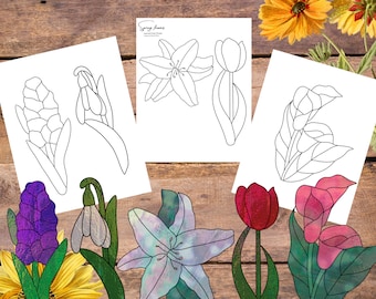 Spring flowers Suncatcher, plant stake pattern, Stained Glass Pattern, glasswork Pattern, Suncatcher Pattern