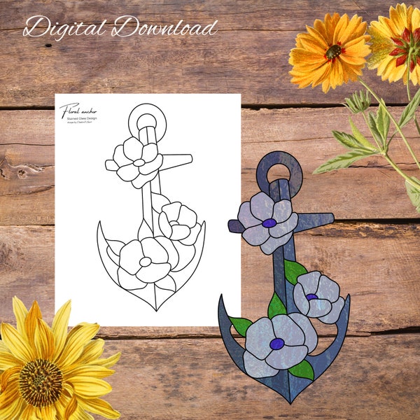Floral Anchor, Anchor Ocean suncatcher Stained Glass Pattern, Digital Stained Glass  Pattern, Printable Glass Pattern,  Glasswork pattern.