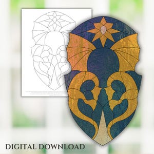 Dragon Shield, Dragon Stained Glass Pattern, Digital Stained Glass Pattern, Printable Glass Pattern, Glasswork pattern
