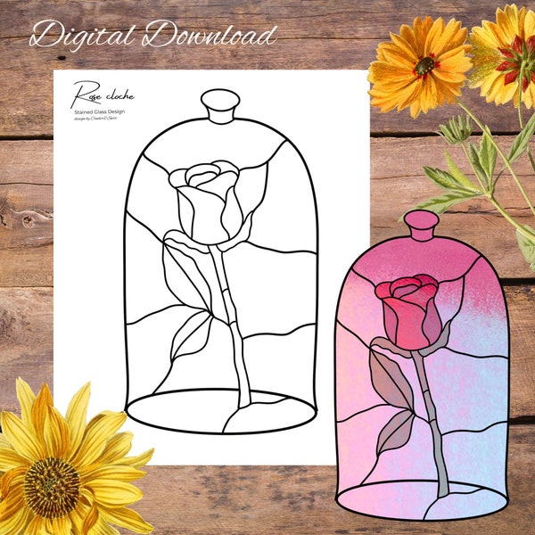 Rose Cloche, enchanted rose, beast, Stained Glass Pattern, Digital Stained Glass  Pattern, Printable Glass Pattern,  Glasswork pattern