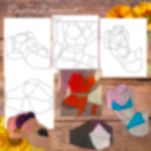 Könnte beinhalten: Vier Schwarzweiß-Linienzeichnungen von geometrischen Formen auf weißem Papier. Die Zeichnungen zeigen eine Blume, ein Blatt, einen Kreis und einen Stern. Die Zeichnungen befinden sich auf einem Holztisch mit einer roten, blauen und violetten geometrischen Form in der Mitte.