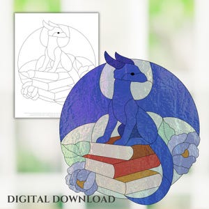 May include: A stained glass design featuring a blue dragon perched atop a stack of books, with a circular background. The dragon has large wings and is surrounded by floral elements. The words "DIGITAL DOWNLOAD" are at the bottom.