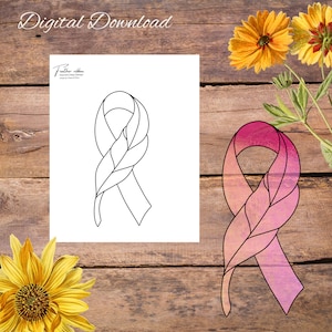 Cancer Ribbon and feather, suncatcher Stained Glass Pattern, Digital Stained Glass  Pattern, Printable Glass Pattern,  Glasswork pattern.