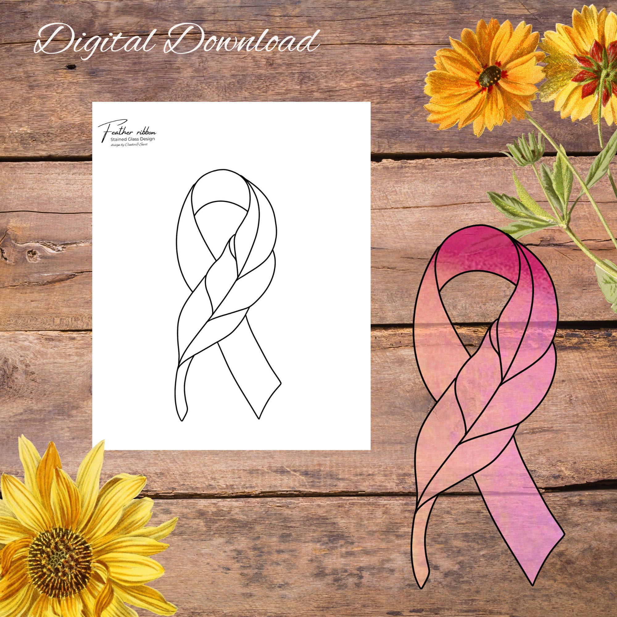 Cancer Ribbon and feather, suncatcher Stained Glass Pattern, Digital Stained Glass  Pattern, Printable Glass Pattern,  Glasswork pattern.
