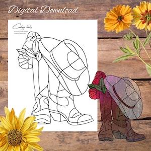 Cowboy boots with hat, cowgirl pattern, stained glass pattern, digital stained glass pattern, printable glass pattern, glasswork pattern