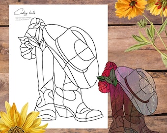 Cowboy boots with hat, cowgirl pattern, stained glass pattern, digital stained glass pattern, printable glass pattern, glasswork pattern