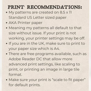 May include: A beige paper with black text detailing print recommendations. It advises printing patterns on A4 paper in the UK, and using scaling settings. The text also mentions printer settings.
