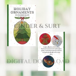 May include: A pattern book titled Holiday Ornaments in Stained Glass by Cassandra Pavlik featuring a green tree illustration. A second page shows a gingerbread man, snowman, and reindeer design with text describing a collection of 45 holiday patterns.
