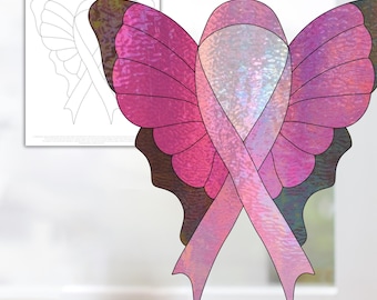 Cancer Survivor Butterfly Wings, Ribbon Stained Glass Pattern, Digital Stained Glass  Pattern, Printable Glass Pattern,  Glasswork pattern.
