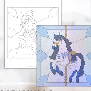 May include: A digital download featuring a stained glass design of a carousel horse. The horse is depicted in shades of blue, white, and tan, with a geometric pattern. The text "DIGITAL DOWNLOAD" is at the bottom.