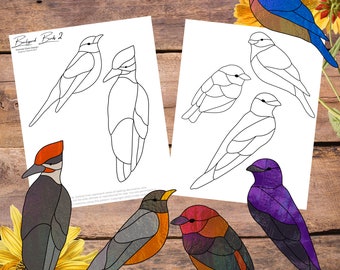 Pájaros del patio trasero 2, atrapasol de vidrio para pájaros, patrón de vidrio para pájaros petirrojos, patrón de vidrieras, patrón de cristalería, patrón de atrapasol