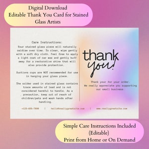 Einfache Stain Glass Dankes- und Pflegeanweisungskarte, digitaler Download, personalisierte druckbare Visitenkarte für Stained Glass Artists