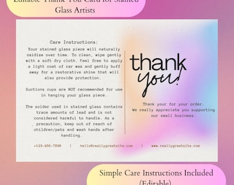 Simple Stain Glass Thank You and Care Instruction Card, Digital Download, Personalized Printable Business Card for Stained Glass Artists