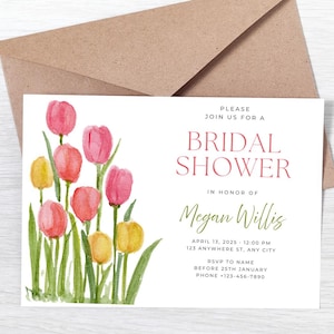 Modello di invito per addio al nubilato con tulipani – Invito primaverile floreale ad acquerello – Biglietto d'invito per addio al nubilato modificabile su Canva – Invito nuziale stampabile