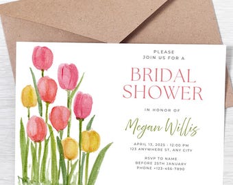 Puede incluir: Una invitación de ducha nupcial rosa y verde con una ilustración de acuarela de tulipanes rosas y amarillos. El texto de la invitación dice: "Por favor, únase a nosotros para una ducha nupcial en honor a Megan Willis. 13 de abril de 2030 - 12:00 PM. 123 Anywhere St. Any City. RSVP a nombre antes del 25 de enero. Teléfono 123-456-7890."