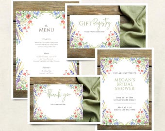 Editable Bridal Shower Template Bundle | Floral Garden Theme Invitation Set | Invite, Thank You Cards, Games, Table Numbers & Cards, Signs