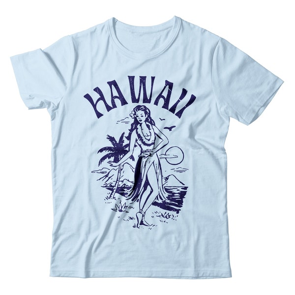 Retro Hawaii Islands Hula Girl Luau Short Sleeve T shirt Beach Surfing Vacation Gift Souvenir 808 HI Vintage VTG