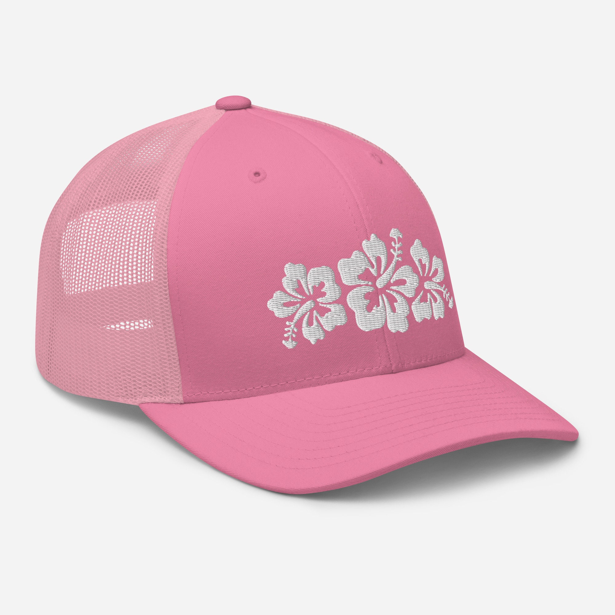 Women's Ponytail Trucker Hat - Aloha Sky Pink Hibiscus Embroidery, Cotton/Polyester, Adjustable, Vintage Style