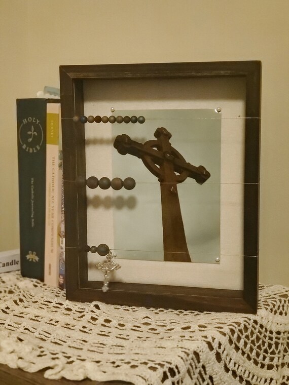 Abacus Rosary Rustic Shadow Box Frame With Celtic Cross Etsy