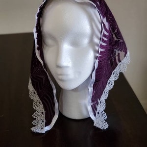 second quality violet, silver, and white triangle mantilla, chapel veil