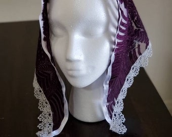 second quality violet, silver, and white triangle mantilla, chapel veil