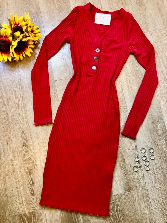Miss Lovely Long Sleeve Midi Dress- Red