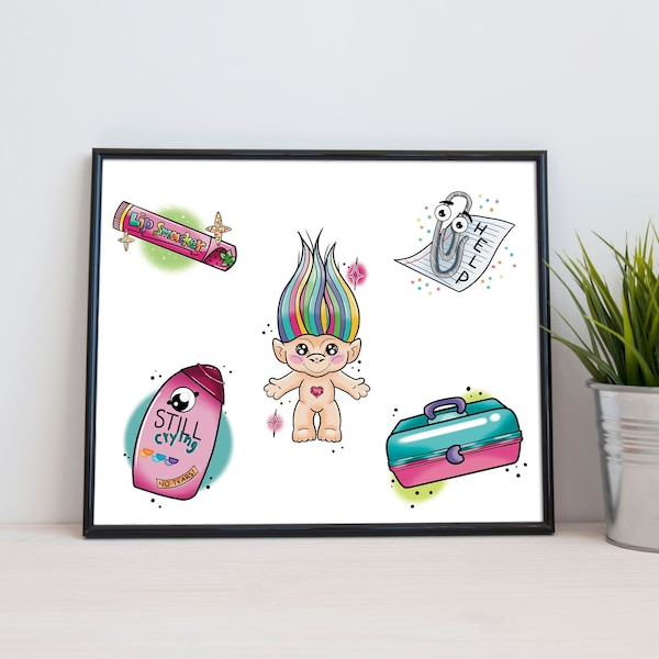 90s Y2K Nostalgia Art Print, Tattoo Flash Art, Souvenirs, Kids, Lip smackers, Trolls, Funny, Meme, Pastel, Kawaii, Throwback, 8x10