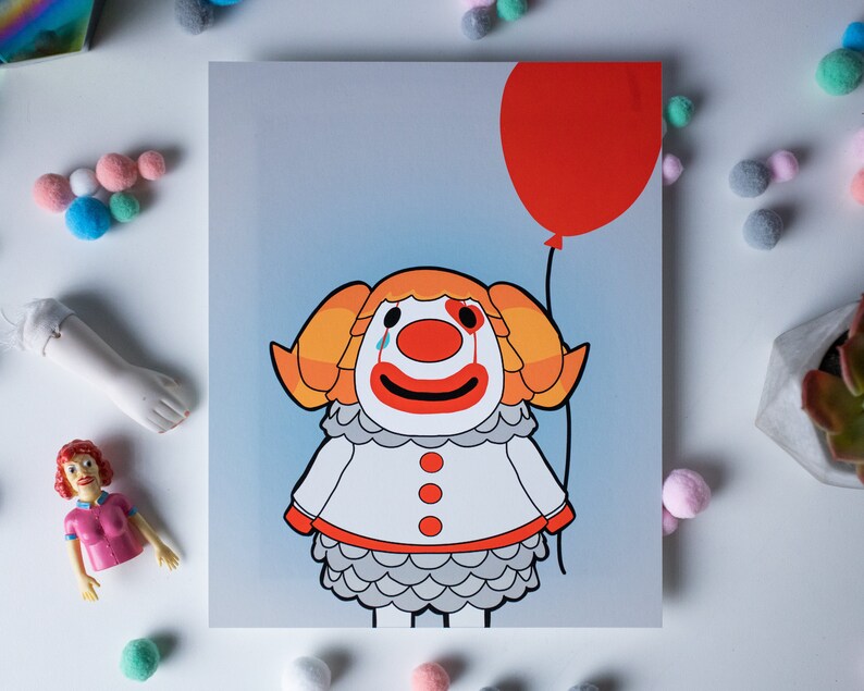 Puede incluir: Una ilustraci&oacute;n de dibujos animados de una oveja blanca con pelo naranja que lleva un disfraz de payaso y sostiene un globo rojo. La oveja tiene una expresi&oacute;n triste y una sola l&aacute;grima en la mejilla.