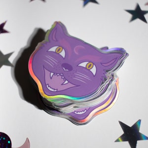 Vintage Inspiré Halloween Holographique Chat Die Cut Autocollant Résistant Aux Intempéries - Lumineux, Violet, Lavande, Mignon, Kawaii, Space Cat, Effrayant, Goth
