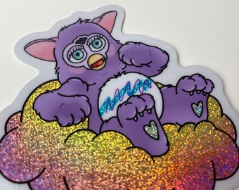 Furby care bear fan art - inspired, 90s, pastel, glitter sticker, kawaii, cursed, y2k, bumper sticker, stationary