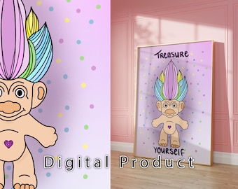 DIGITAL* Treasure Troll Print - 5x7'', Impresión de arte, Cuidado personal, Arte de pared, Inspirado en los años 90, Nostálgico, Niño, Juguete, Estilo vintage, Arco iris