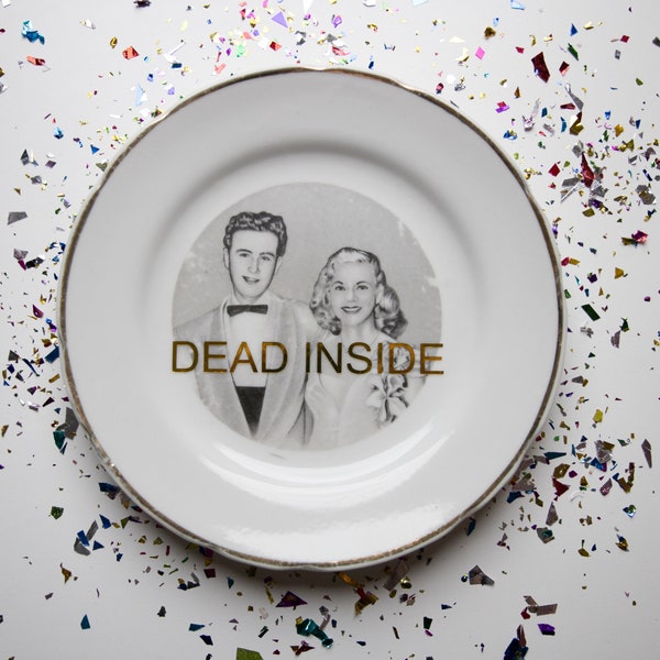 Dead Inside - Decorative Plate, OOAK, Picture, Repurposed Vintage, Home Decor, Display, Gold, Couple, Stand Included