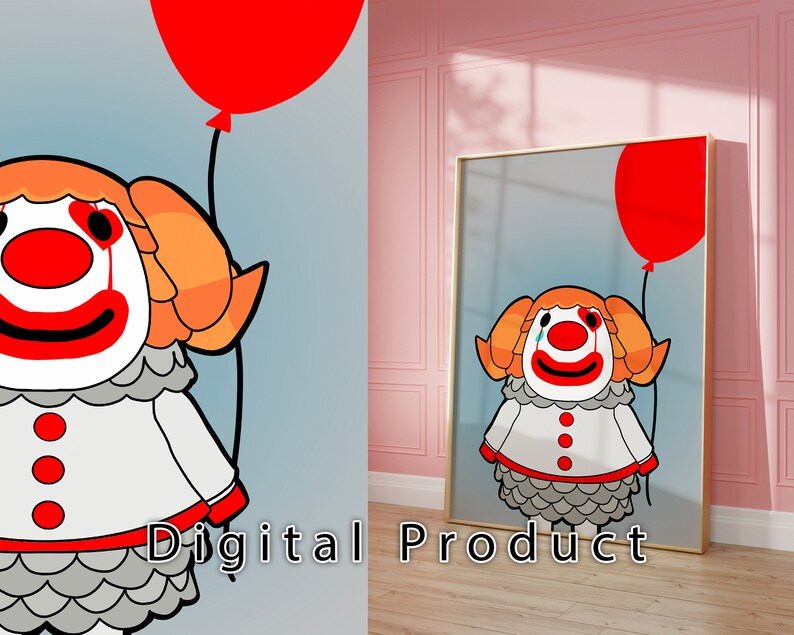Puede incluir: Ilustraci&oacute;n digital de un personaje de dibujos animados con pelo naranja, un disfraz de payaso blanco y rojo, y una sola l&aacute;grima. El personaje sostiene un globo rojo. El fondo es de color azul claro. "Producto digital" est&aacute; escrito en blanco en la parte inferior de la imagen.