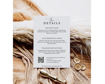 May include: A square wedding details card with elegant script. The card includes information about the reception, accommodations, and transportation. A QR code and website address are provided for further details. The card is surrounded by dried flowers and wax seals.