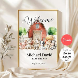 Placa de boas-vindas para chá de bebê com animais de fazenda editáveis, pôster para chá de bebê em celeiro vermelho, decoração para chá de bebê em celeiro com aquarela, Canva BSW134