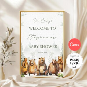 Panneau de bienvenue modifiable pour baby shower ours des bois, affiche de baby shower, forêt d'ours aquarelle, décoration Boho baby shower, toile BSW148